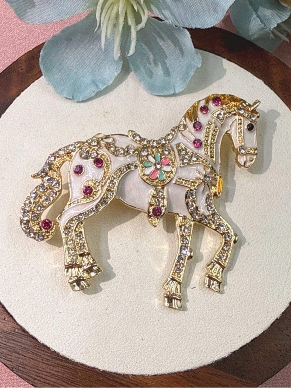 2.25” x 2” Gold-Tone Jeweled Horse Brooch with White Enamel and Pink Accents